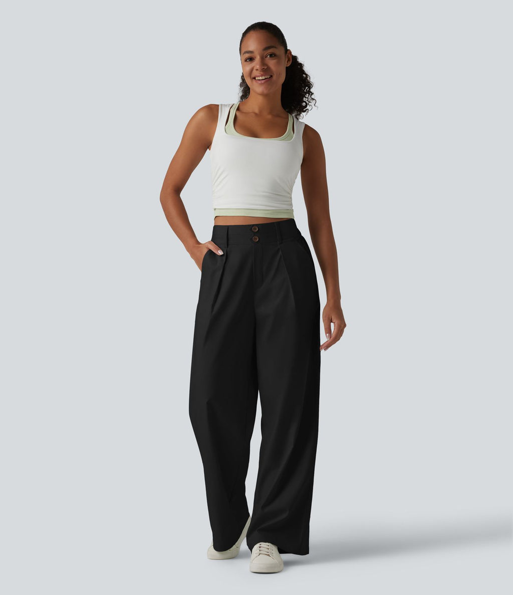 Pantalon large fluide casual en coton et lin taille haute avec poches