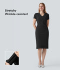 Robe de travail mi-longue anti-froissage à col V et manches courtes