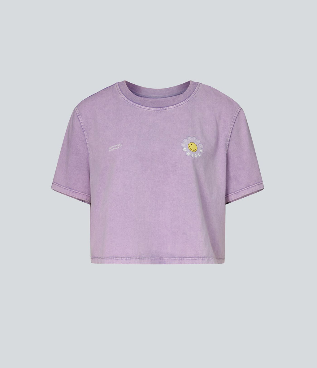T-shirt casual en coton délavé Halara X Smiley® col rond à manches courtes