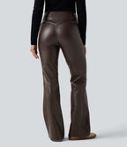 Pantalon évasé décontracté taille haute gainant en molleton PU extensible avec poches