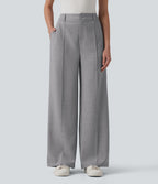 Pantalon tailleur droit taille haute aspect lin avec poches