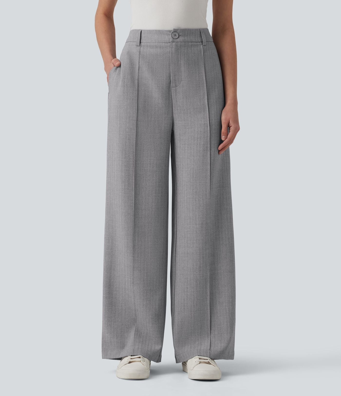 Pantalon tailleur droit taille haute aspect lin avec poches