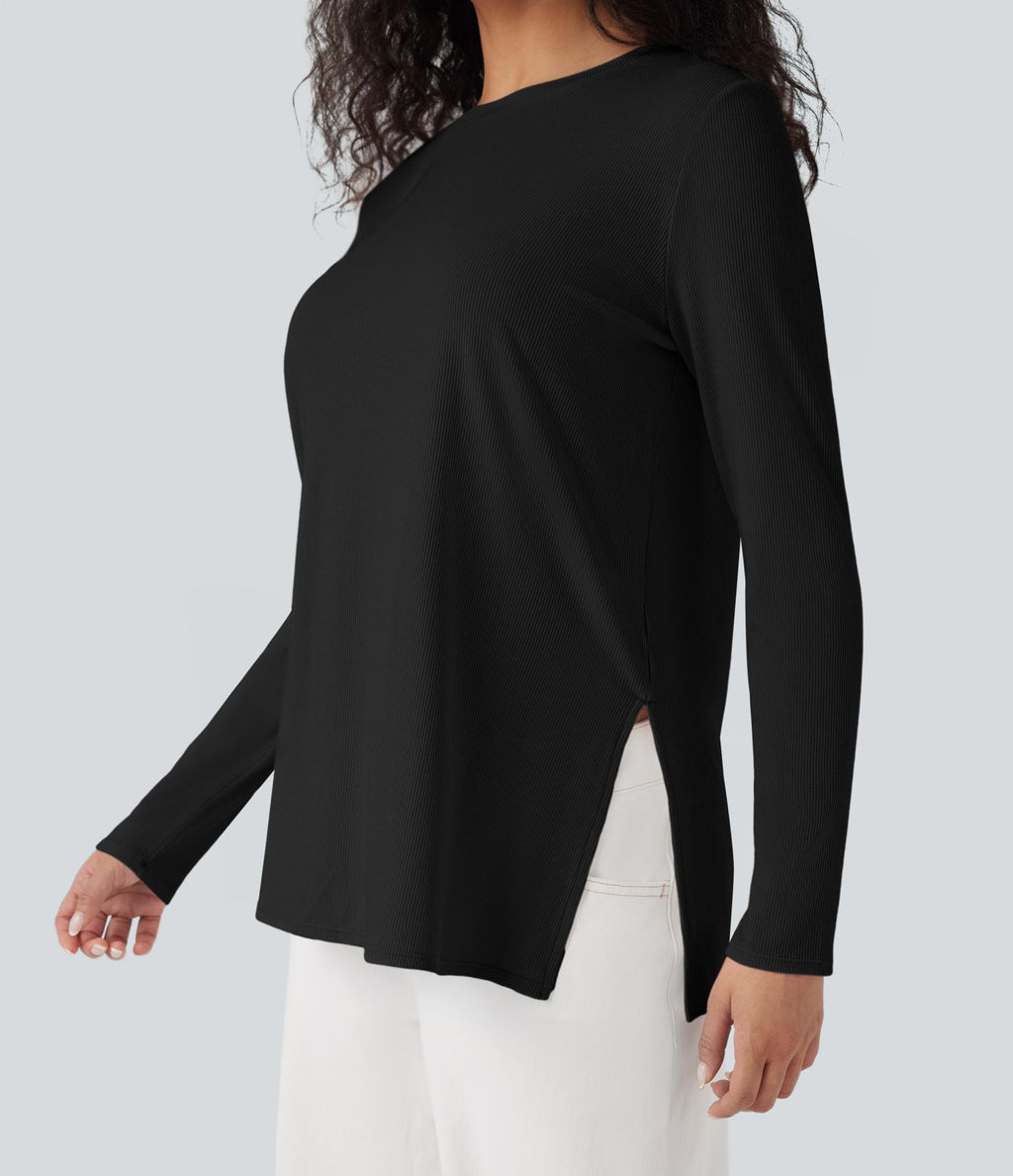 T-shirt décontracté maille côtelée manches longues ourlet fendu