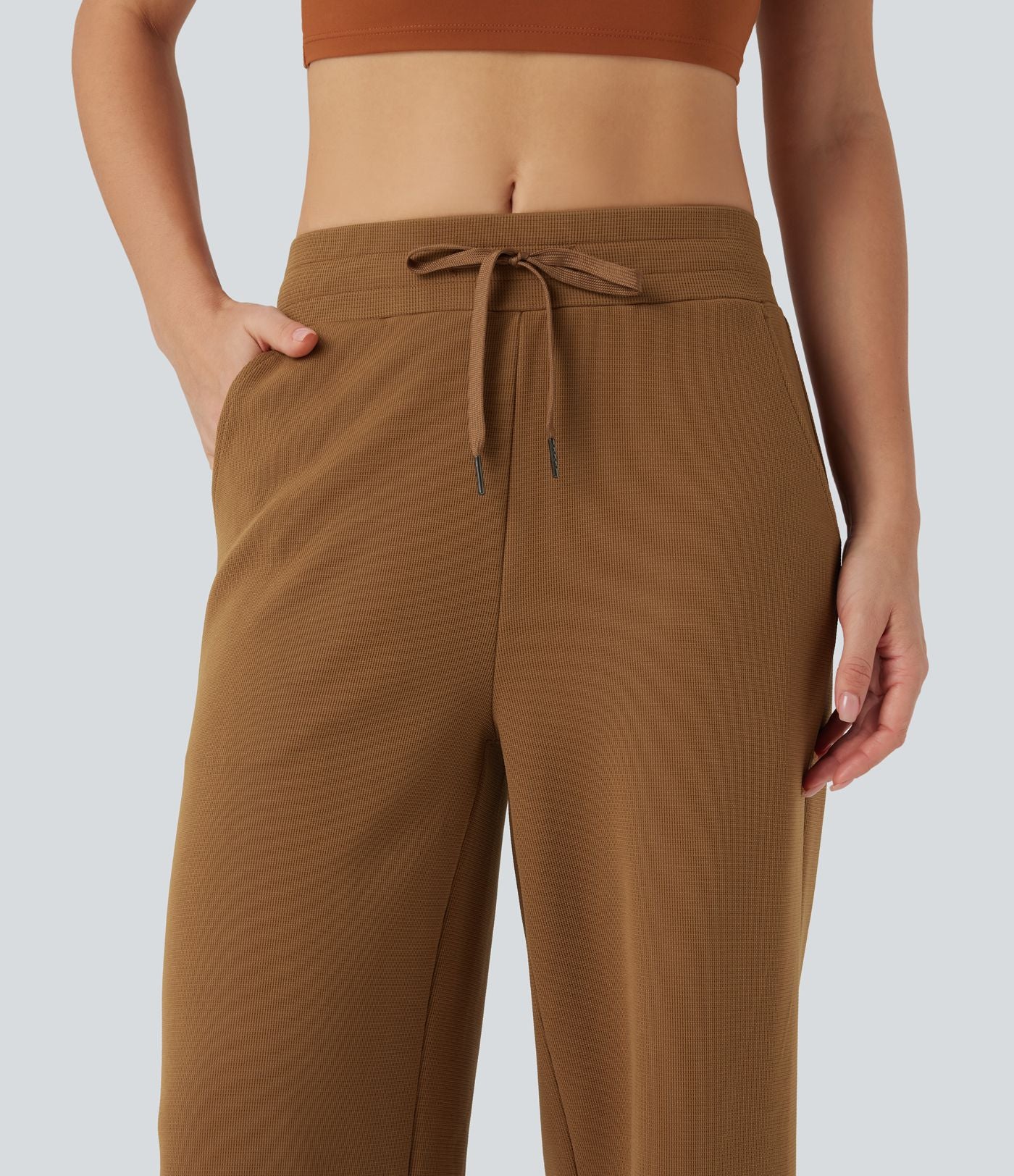 Pantalon jogging décontracté ample micro-gaufré taille mi-haute avec cordon de serrage et poches