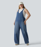 Salopette décontractée Halara Flex™ grande taille en maille denim extensible délavée col V avec poches