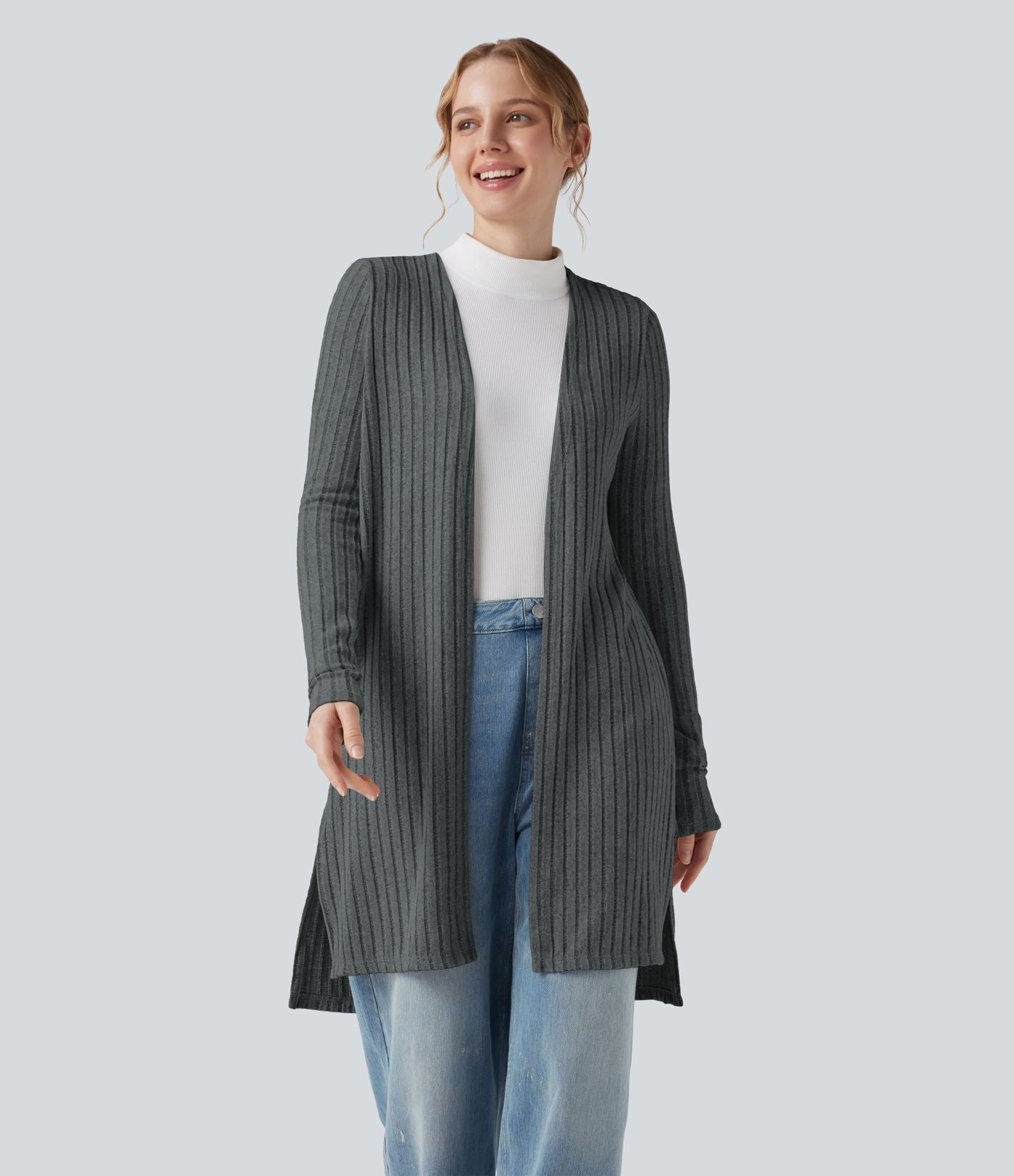 Manteau décontracté côtelé à manches longues avec fentes