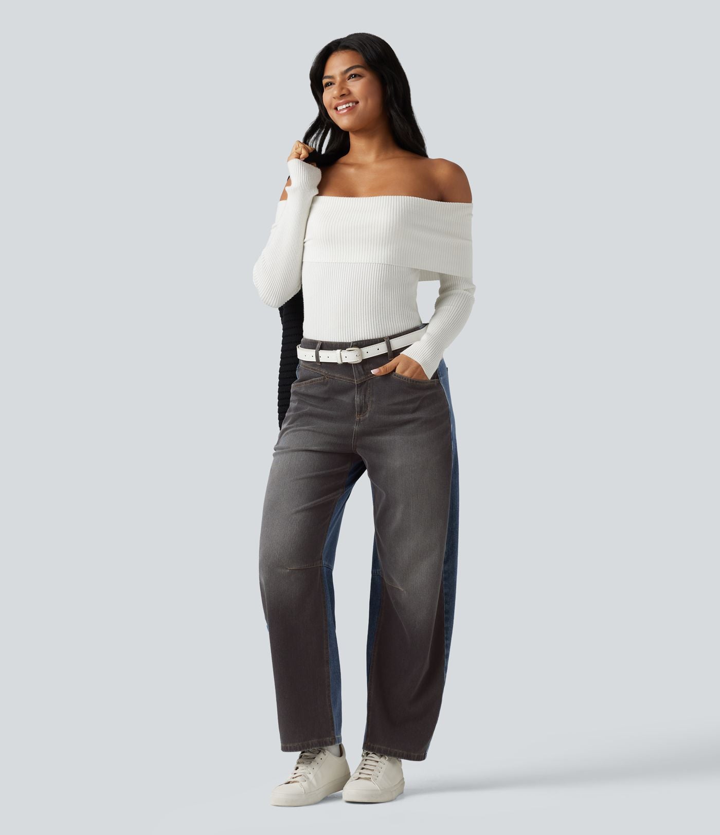 Jean barrel casual Halara Flex™ taille mi-haute color block avec poches