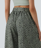 Pantalon casual large imprimé léopard taille haute avec nœud devant et poches