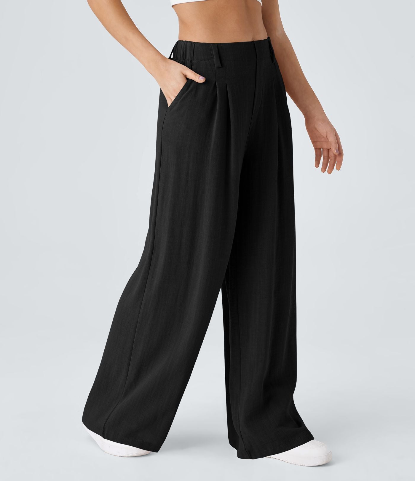 Pantalon Fluide Large Taille Haute Poches Latérales Palazzo Solide Casual Linen-Feel