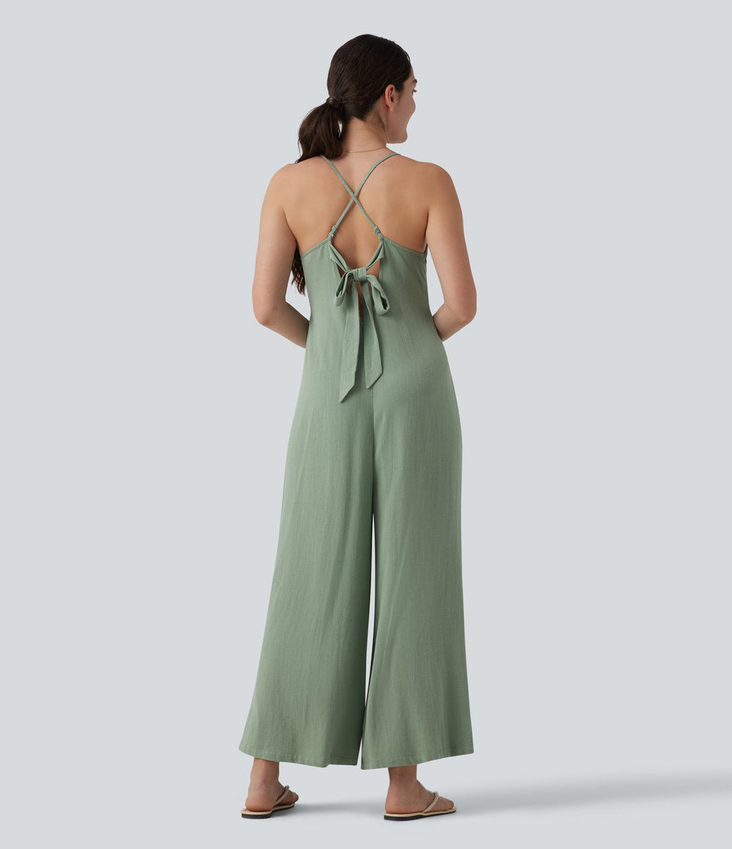 Combinaison casual large en lin sans manches, dos nu avec bretelles réglables et lien dans le dos