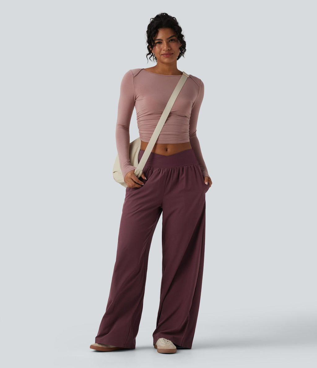 Pantalon ample décontracté taille basse croisée avec poches