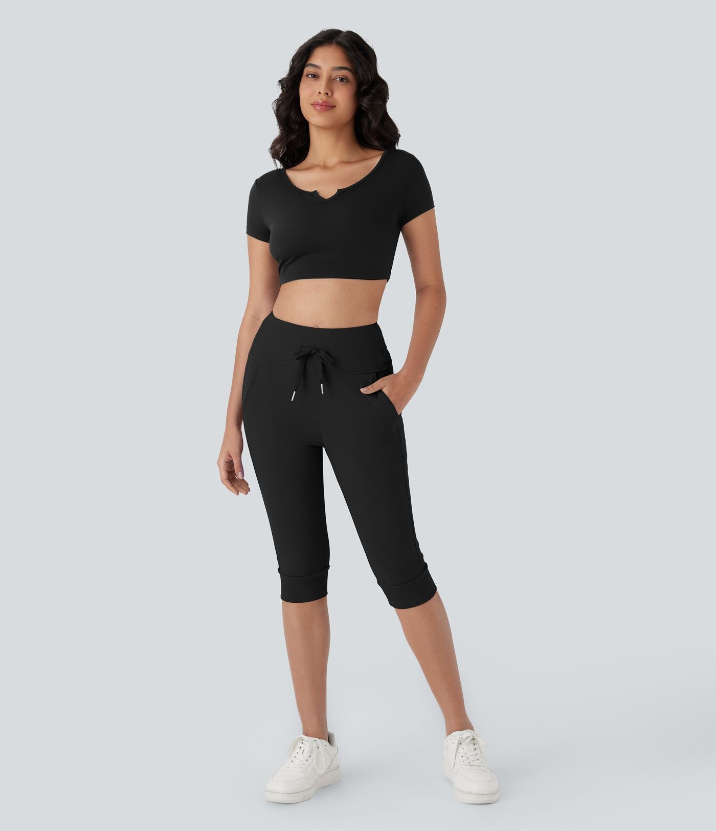 Pantalon corsaire jogging de yoga Softlyzero™ moelleux, taille haute à cordon avec poches latérales
