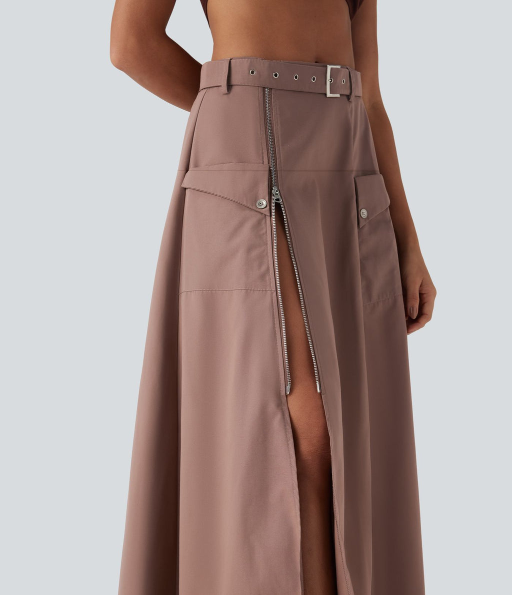 Jupe longue décontractée taille mi-haute avec ceinture fermeture éclair fente et poches latérales
