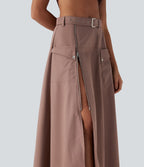 Jupe longue décontractée taille mi-haute avec ceinture fermeture éclair fente et poches latérales