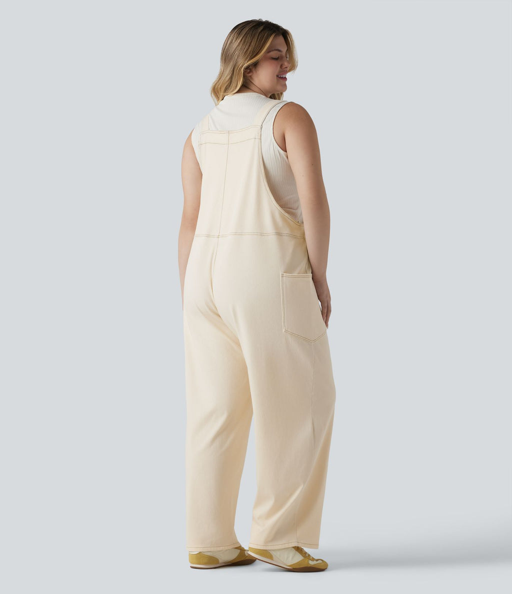 Salopette décontractée Halara Flex™ grande taille en maille denim extensible délavée col V avec poches