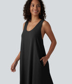 Robe maxi fluide de vacances en mélange de lin col U sans manches dos torsadé à poches
