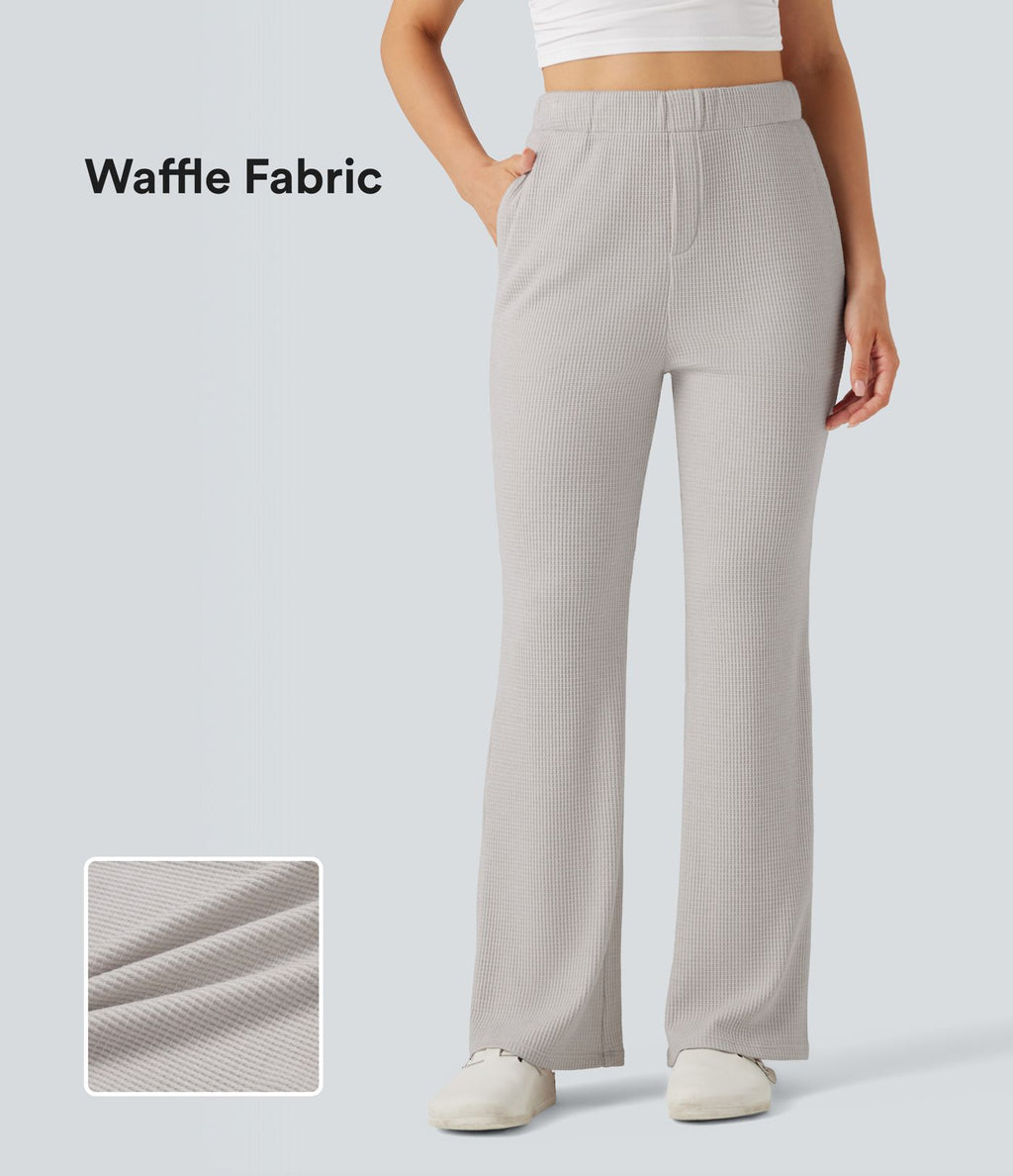 Pantalon décontracté évasé maille gaufrée taille haute avec poches
