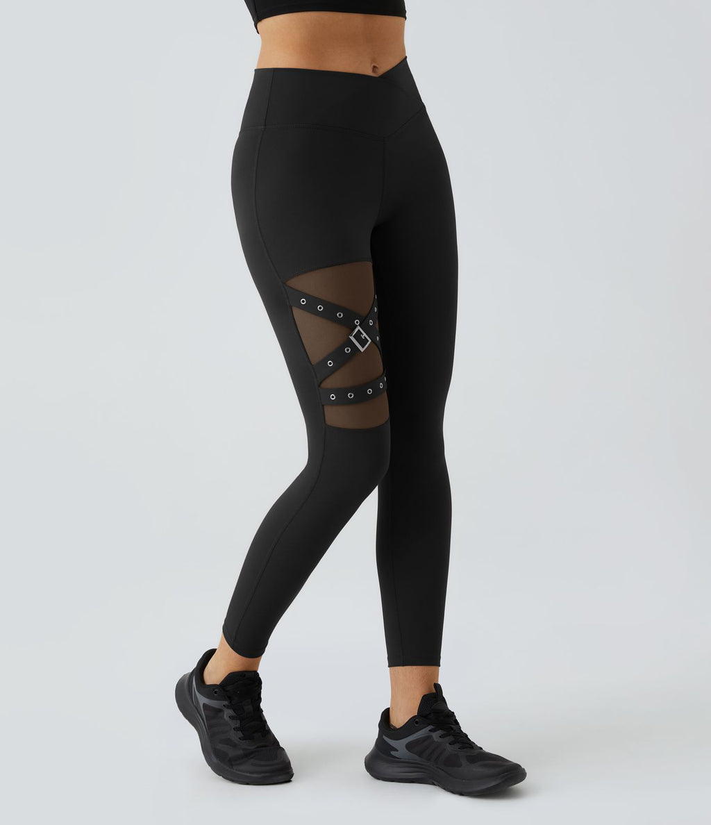Legging yoga croisé taille haute avec mesh contrastant et boucle décorative DayStretch