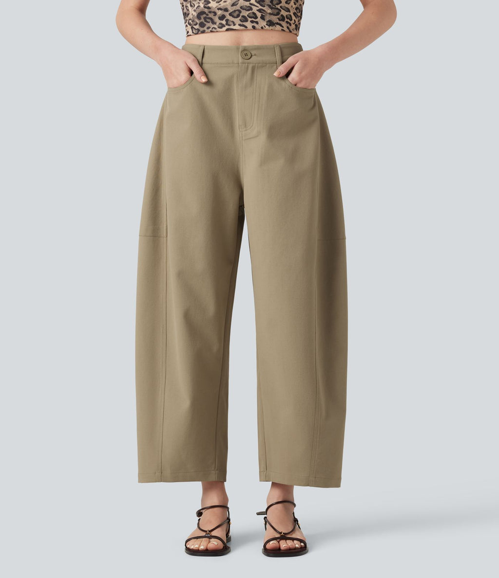 Pantalon décontracté coupe barrel taille haute avec poches