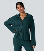 Top détente gaufré col tailleur manches longues boutonnage décontracté