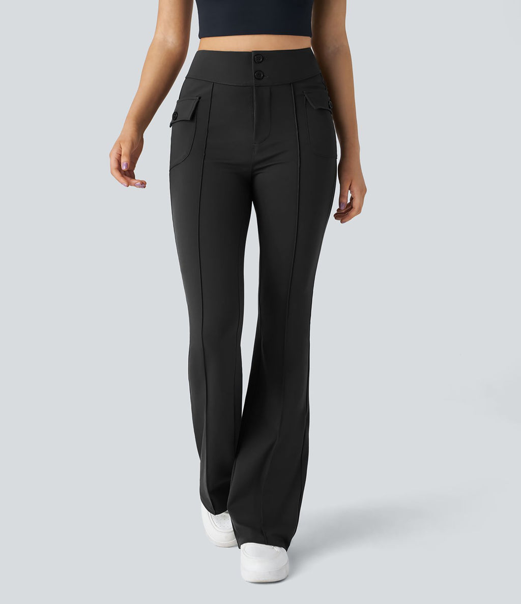 Pantalon cargo décontracté évasé taille haute avec poches à rabat latérales