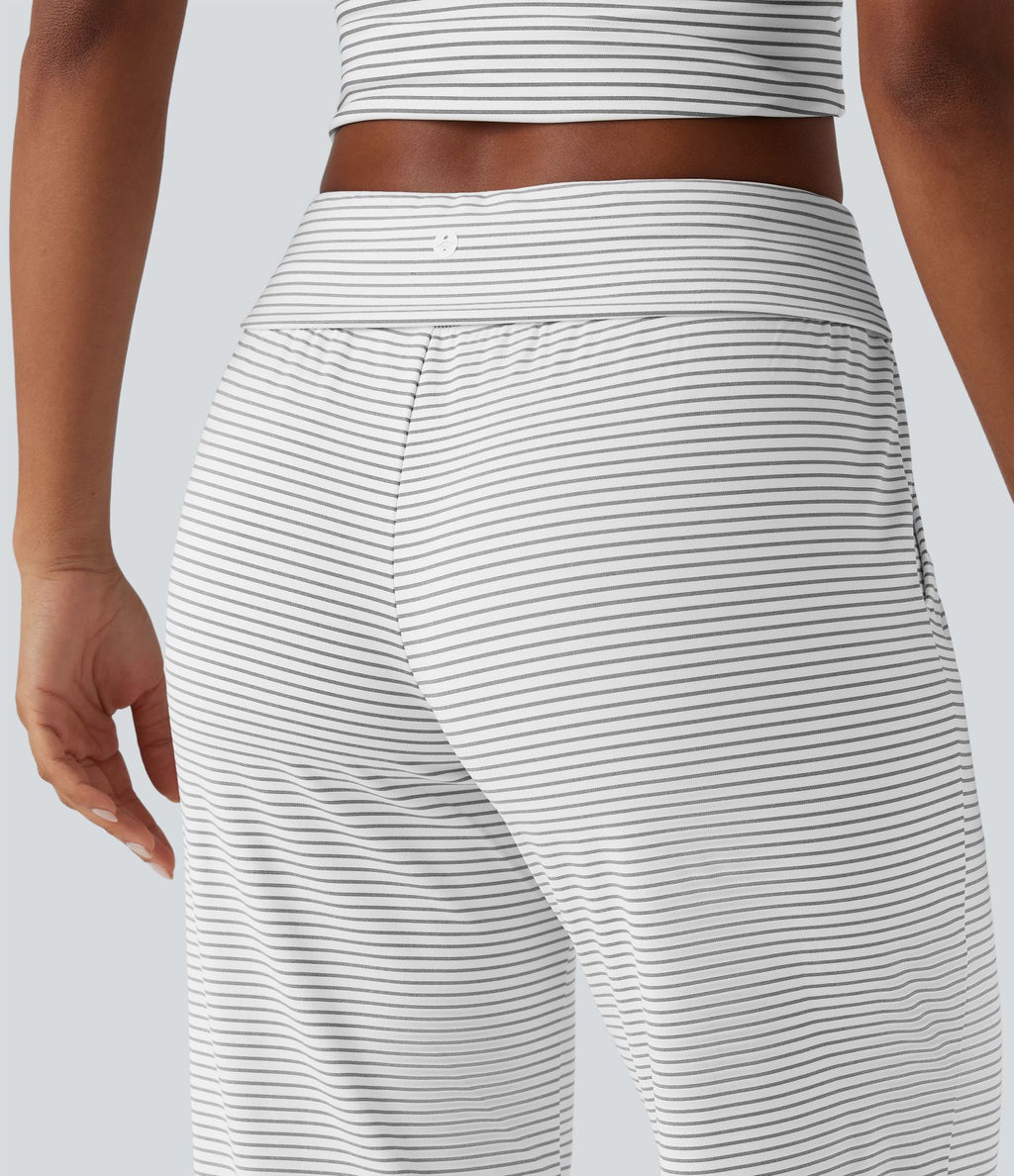 Pantalon décontracté droit à rayures taille basse repliable avec cordon de serrage et poches
