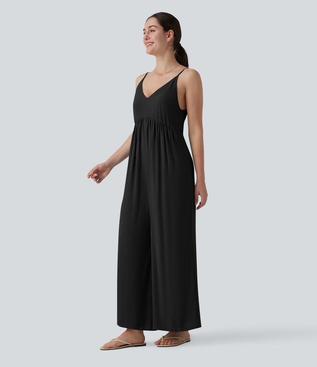 Combinaison casual large en lin sans manches, dos nu avec bretelles réglables et lien dans le dos