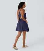Breezeful™ Robe Casual Plissée à Bretelles Réglables Mini Dos Nu Découpée Poche Latérale Séchage Rapide