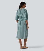 Robe midi casual col V à manches trois-quarts aspect lin, avec poches