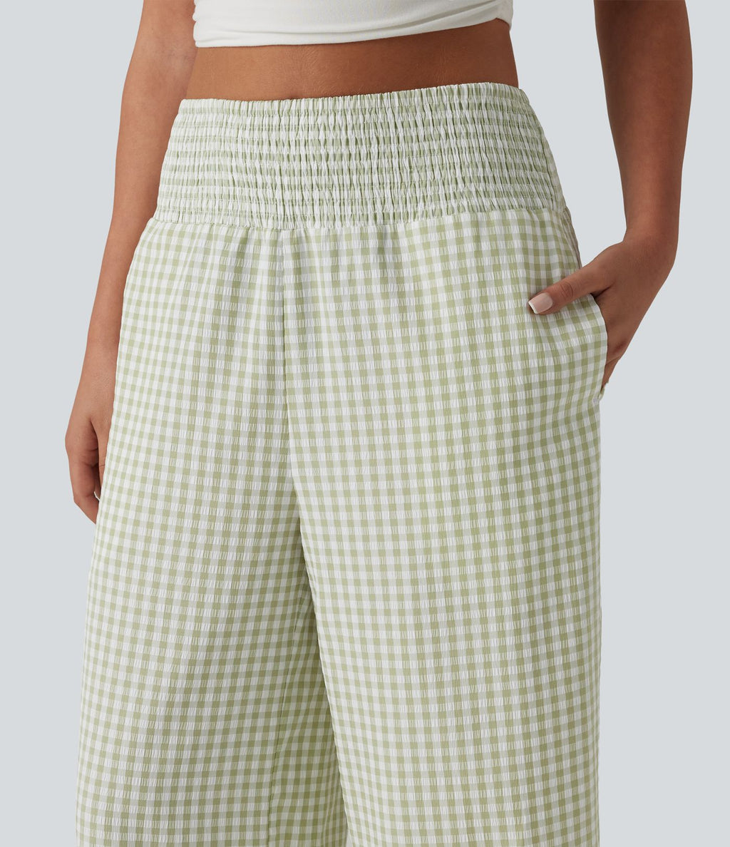 Pantalon large casual taille haute froncé à carreaux vichy avec poches