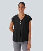 Blouse de Travail Col V Manches Courtes avec Boutons Décoratifs