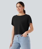 T-shirt décontracté maille côtelée manches chauve-souris coupe décontractée
