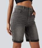 Bermuda décontracté en jean extensible délavé Halara Flex™ taille haute avec revers et multiples poches