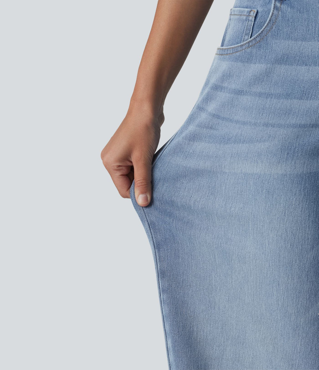 Halara Flex™ Jean Large Casual Taille Basse avec Boutons Zip Multiples Poches Lavés Élastiques et Tricotés