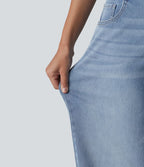 Halara Flex™ Jean Large Casual Taille Basse avec Boutons Zip Multiples Poches Lavés Élastiques et Tricotés