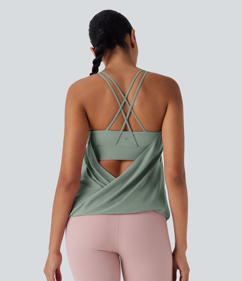 Débardeur yoga plissé à dos nu avec bretelles croisées et séchage rapide