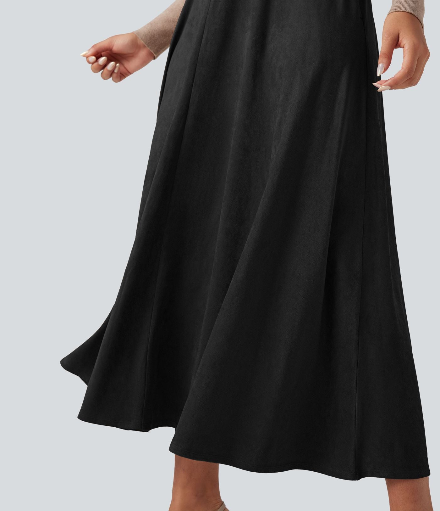 Jupe mi-longue évasée daim taille haute avec poches