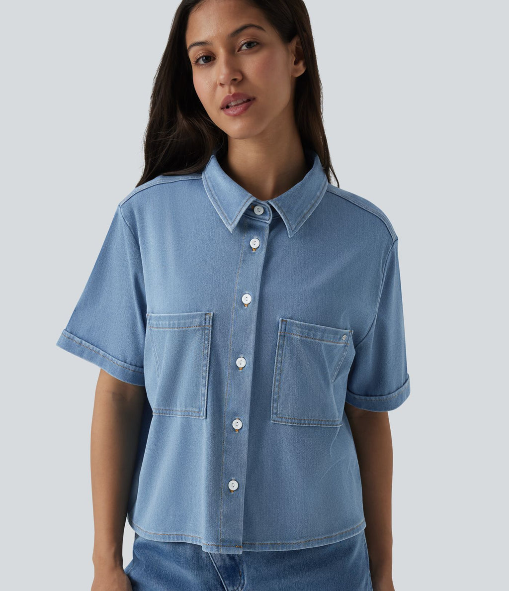 Halara Flex™ Chemise casual à manches courtes en denim lyocell drapé avec poches