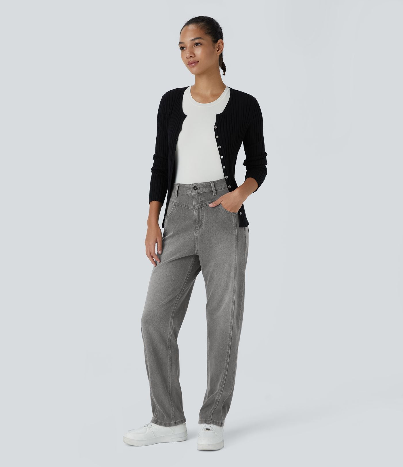 Jean décontracté Halara Flex™ taille haute extensible en maille avec bouton, fermeture éclair, poches multiples et effet délavé