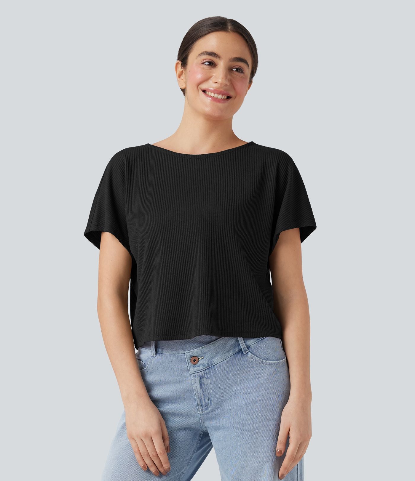 T-shirt décontracté maille côtelée manches chauve-souris coupe décontractée