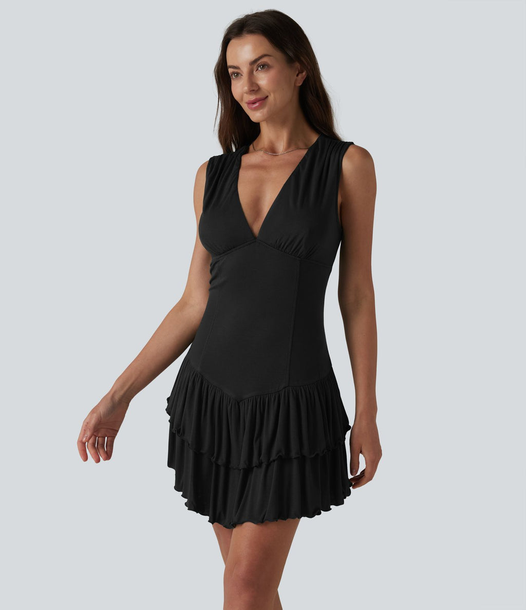 Robe mini en maille côtelée col V sans manches ourlet à volants superposés