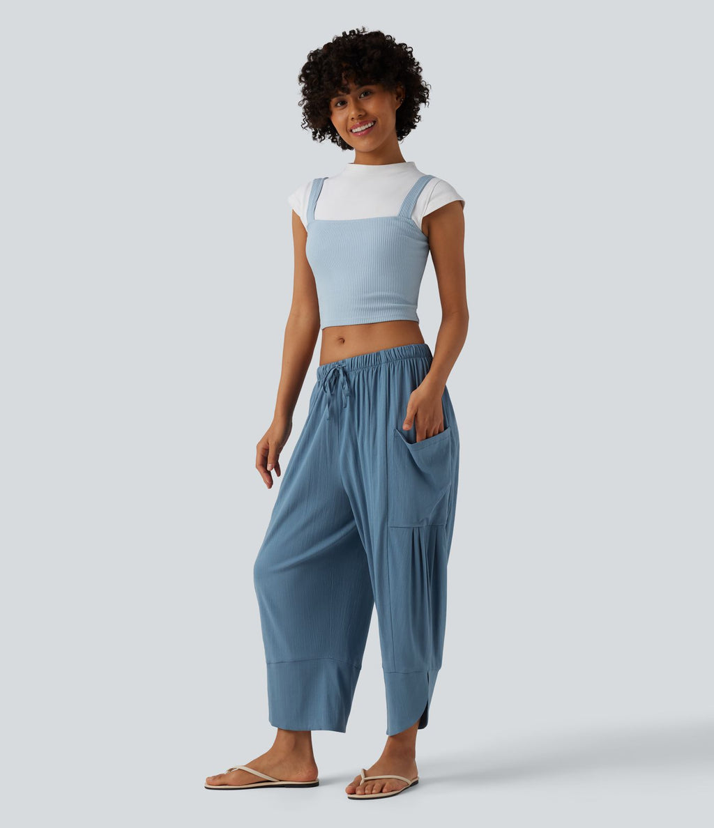 Pantalon court décontracté taille haute avec cordon de serrage, ourlet arrondi, effet lin et poches