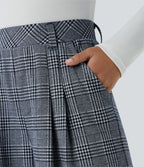 Pantalon taille haute décontracté large à carreaux, avec poches