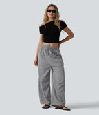 Pantalon ample décontracté à carreaux vichy, taille mi-haute, cordon de serrage et poches