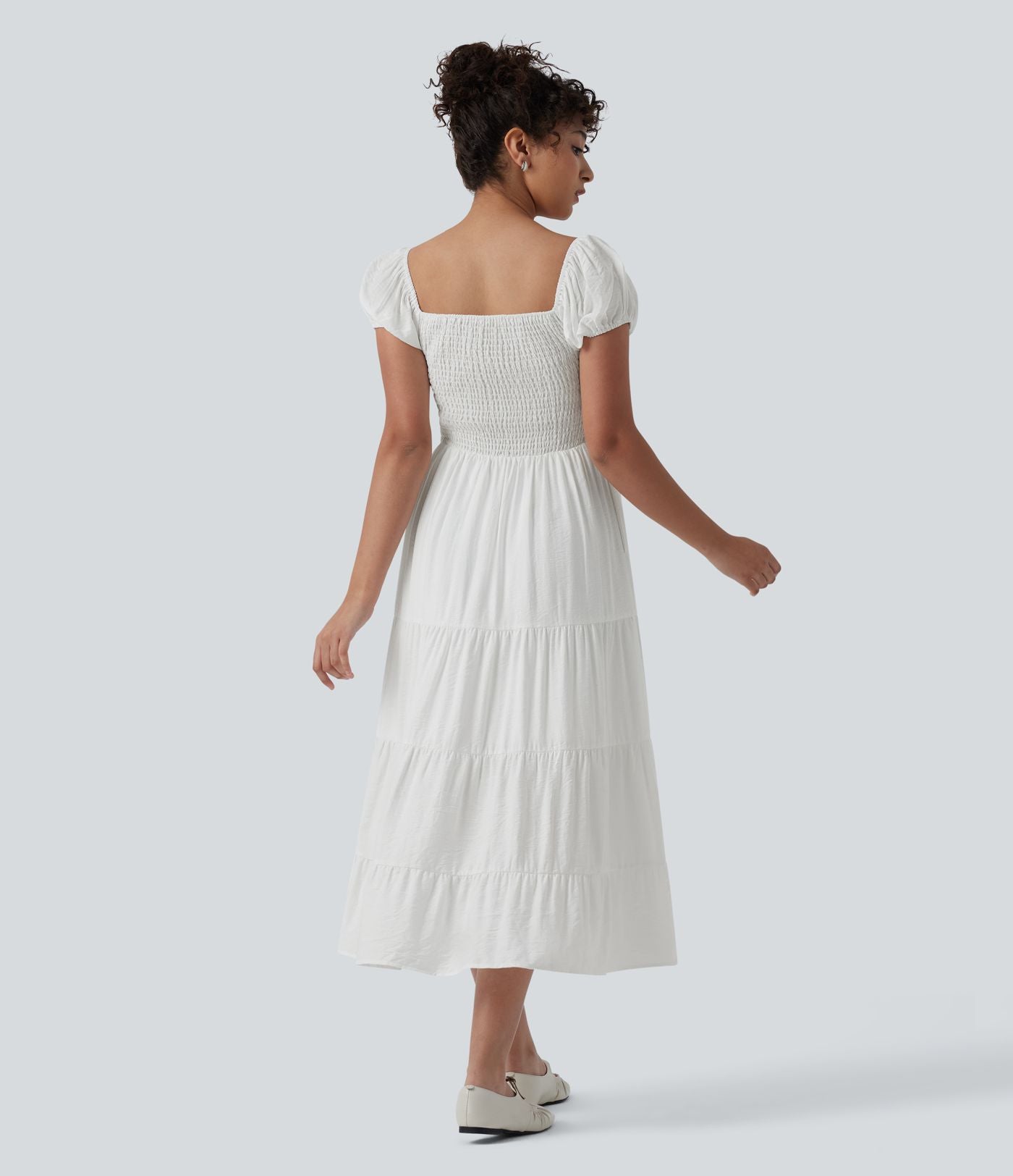 Robe midi décontractée à volants, col Queen Anne, manches bouffantes froncées et poches