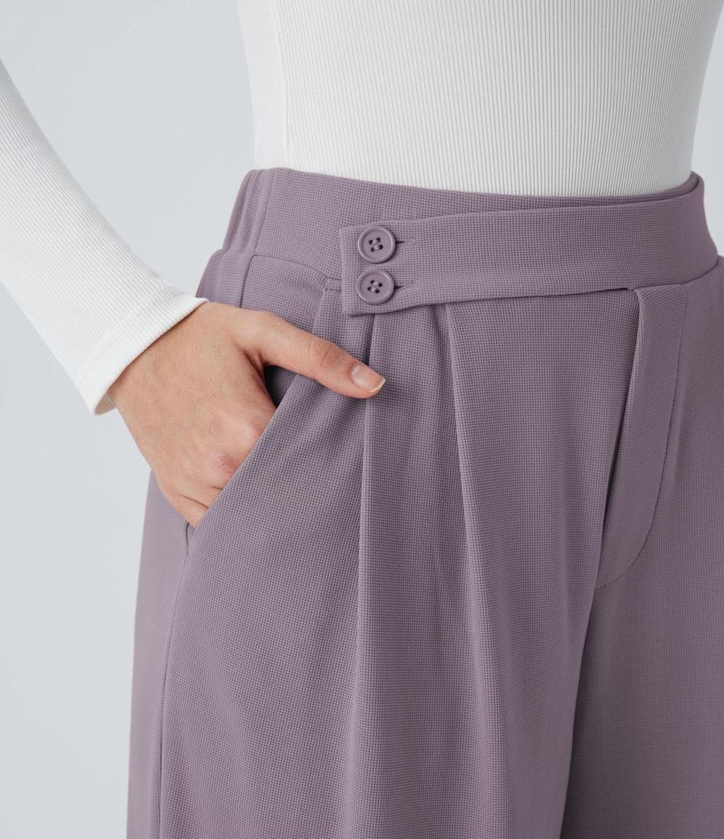 Pantalon taille haute décontracté large en maille gaufrée, avec poches