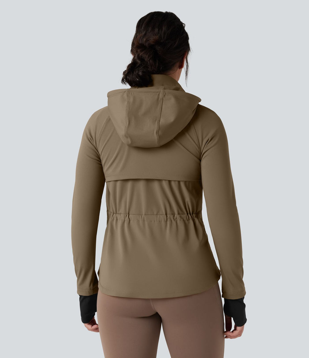 Veste randonnée capuche amovible double zip cordon de serrage avec trous pouces et poches
