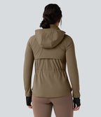 Veste randonnée capuche amovible double zip cordon de serrage avec trous pouces et poches