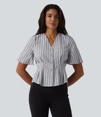 Blouse casual à rayures col V et manches bouffantes mi-longues