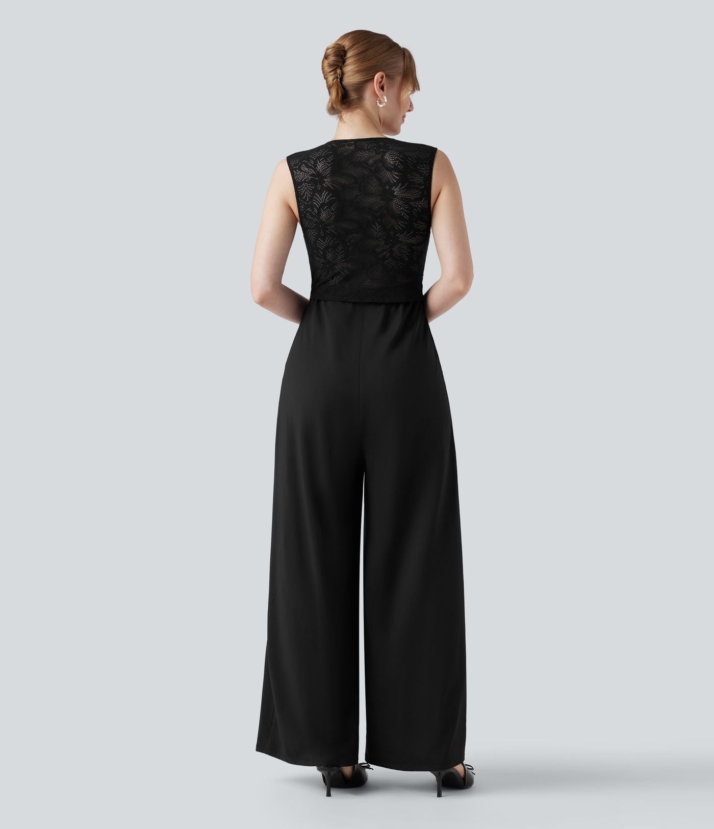 Combinaison-pantalon de mariage et demoiselle d'honneur sans manches encolure carrée avec dentelle contrastée et poches - Easy Peasy